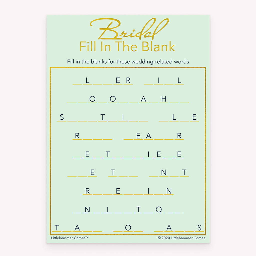 Printable bridal shower Bridal Fill in the Blank card in mint and gold theme
