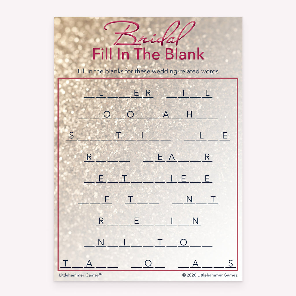 Bridal shower printable Bridal Fill in the Blank card featuring glittery rose gold background