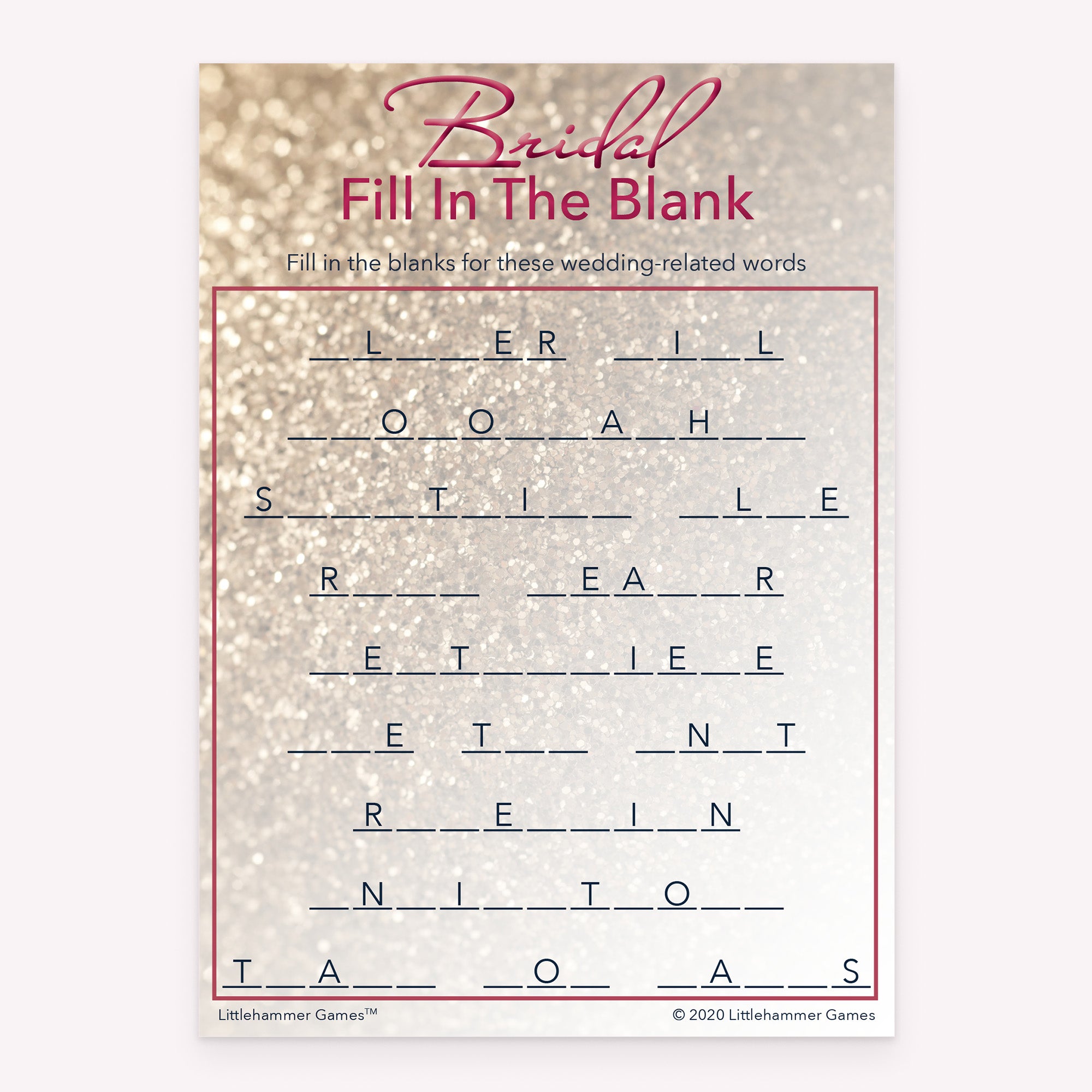 Bridal Fill in the Blank game card with a glittery rose gold background