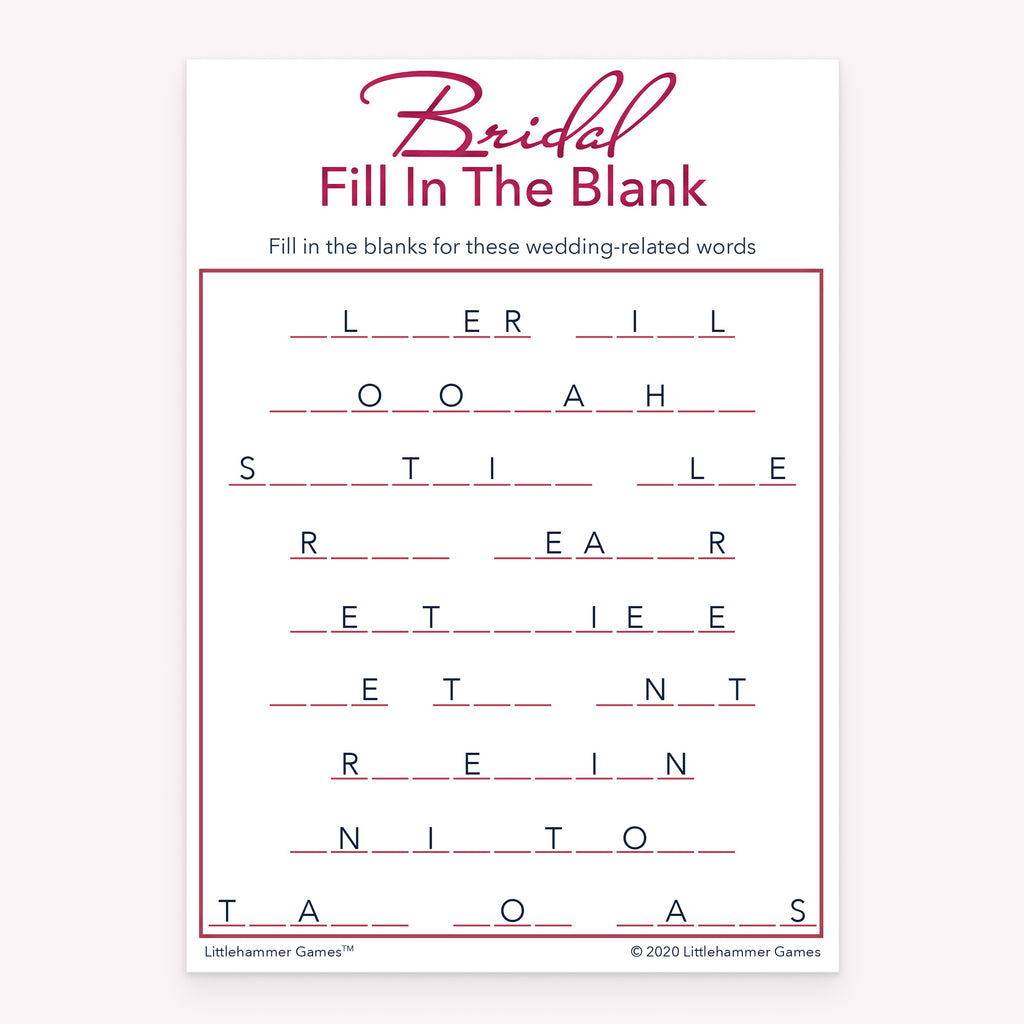 Bridal Fill in the Blank bridal shower game card with rose gold and white layout
