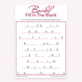 Bridal Fill in the Blank bridal shower game card with rose gold and white layout