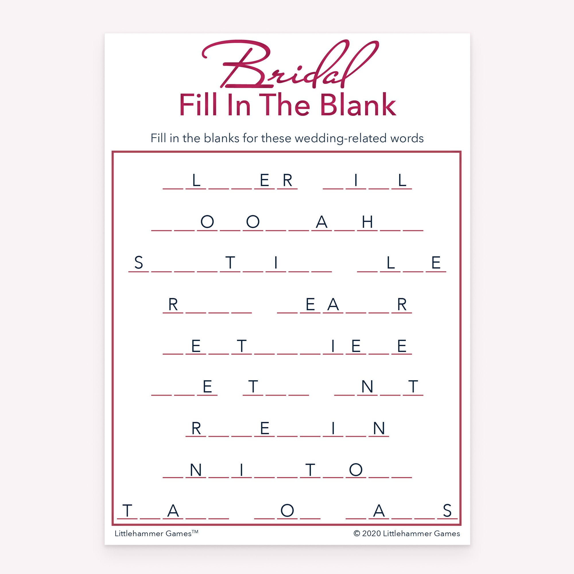 Bridal Fill in the Blank game card with a rose gold and white background