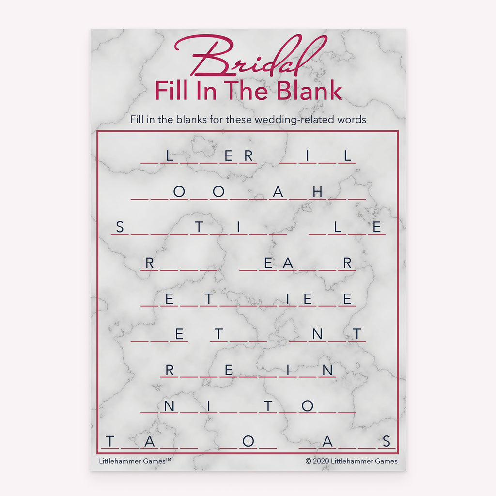 Rose gold and marble design bridal shower printable Bridal Fill in the Blank card
