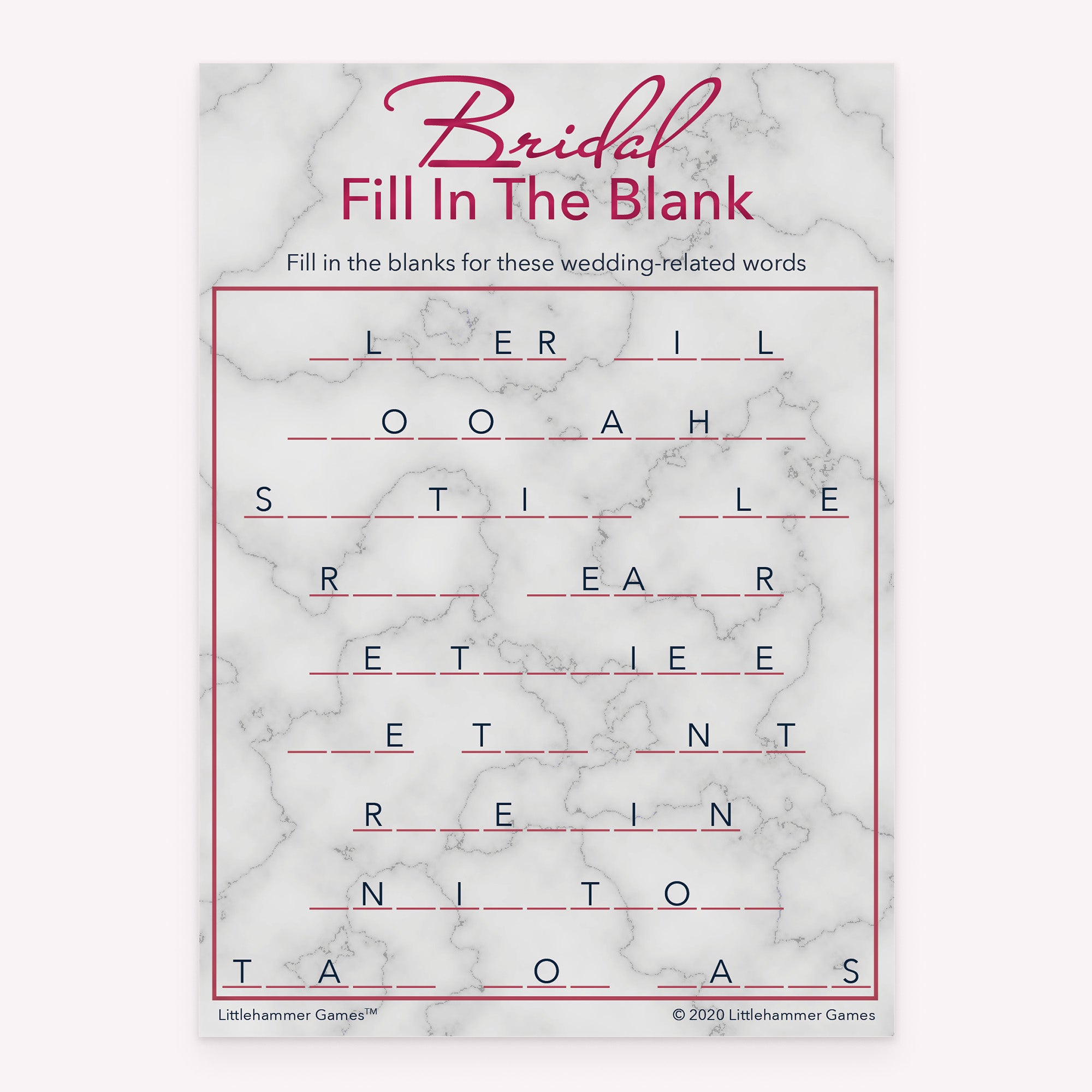 Bridal Fill in the Blank game card with a rose gold and marble background