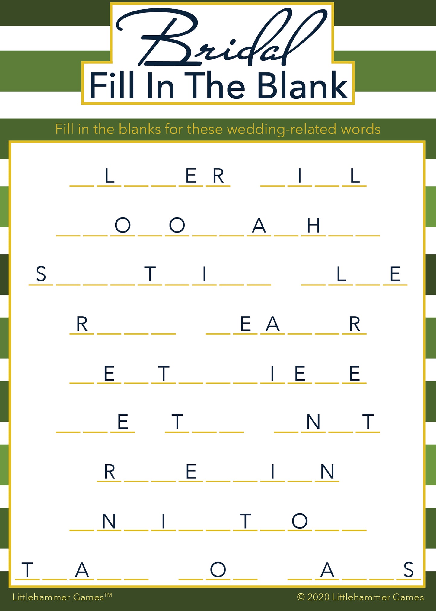 Bridal Fill in the Blank game card with a green-striped background