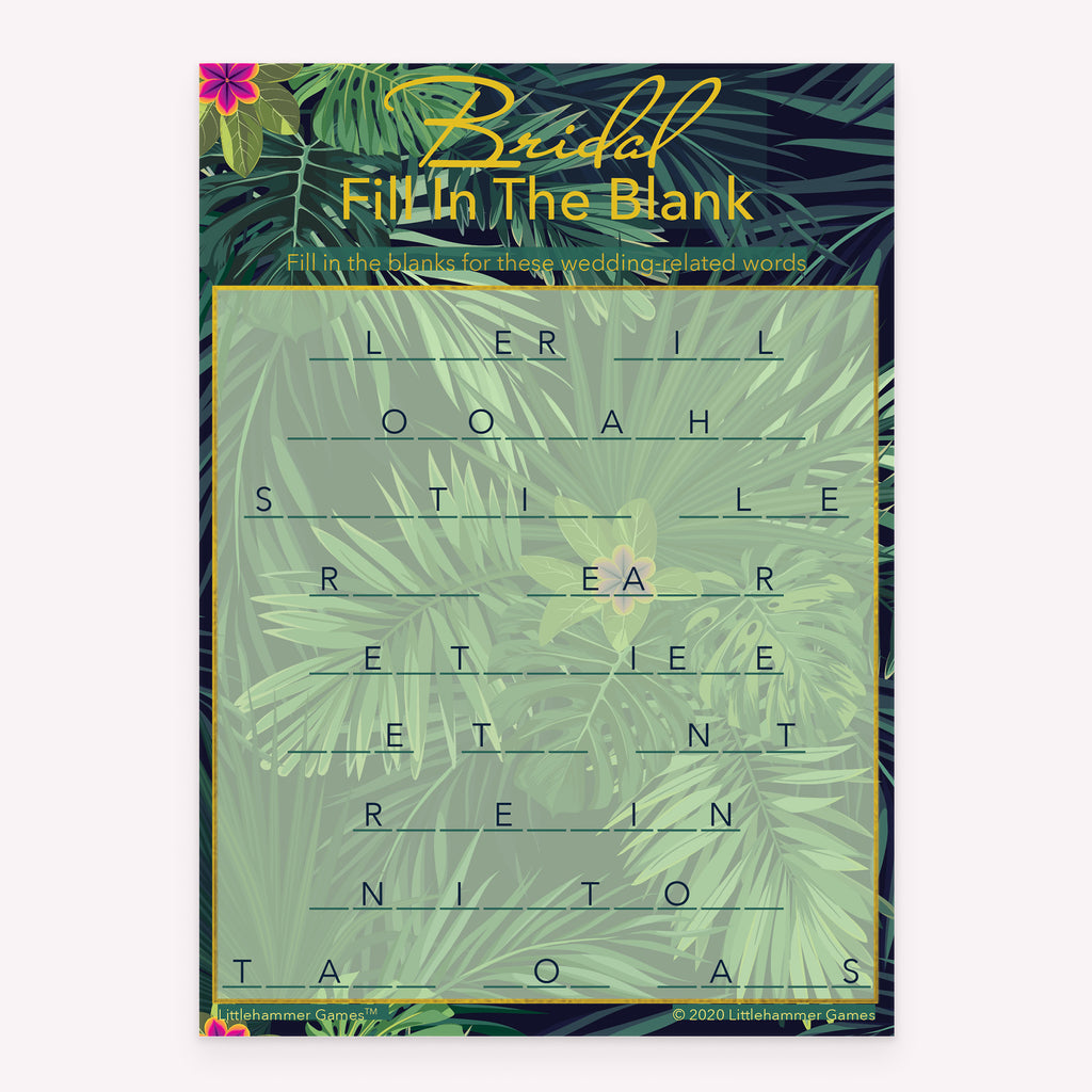 Bridal Fill in the Blank printable bridal shower game card with tropical background