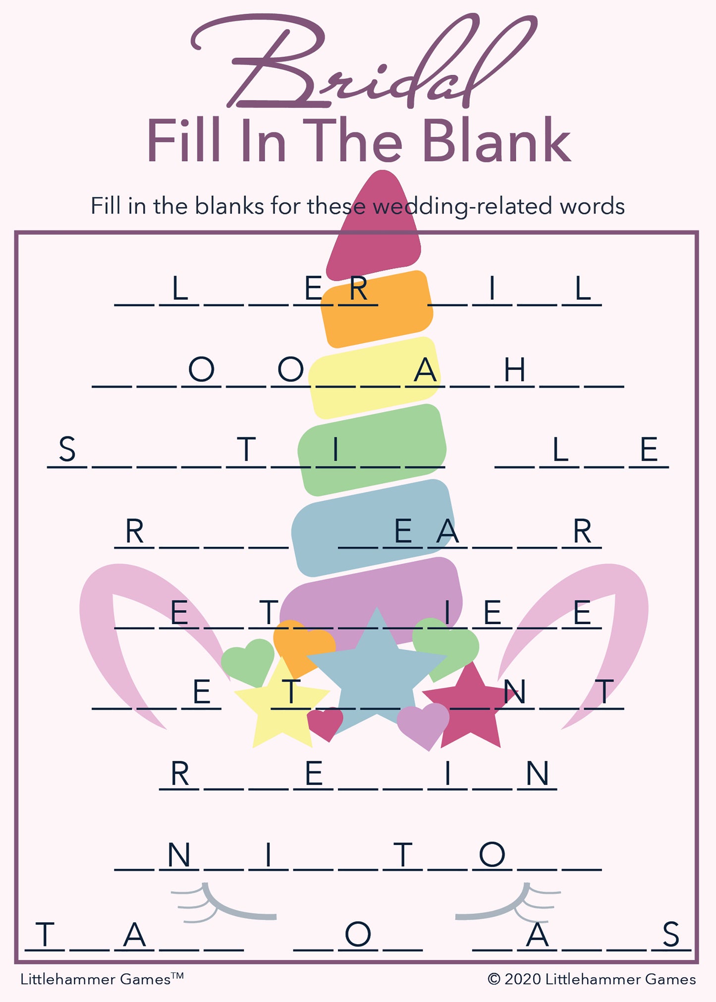 Bridal Fill in the Blank game card with a unicorn background