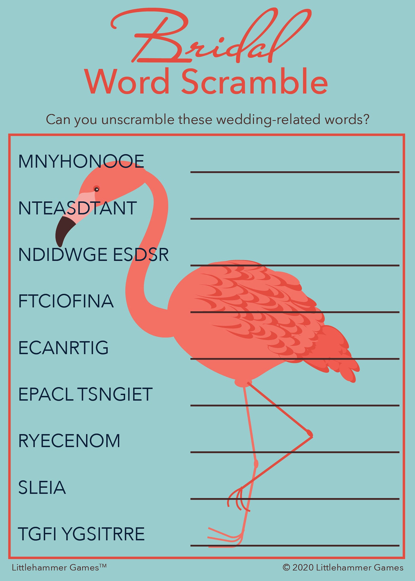 Bridal Word Scramble game card with a flamingo background