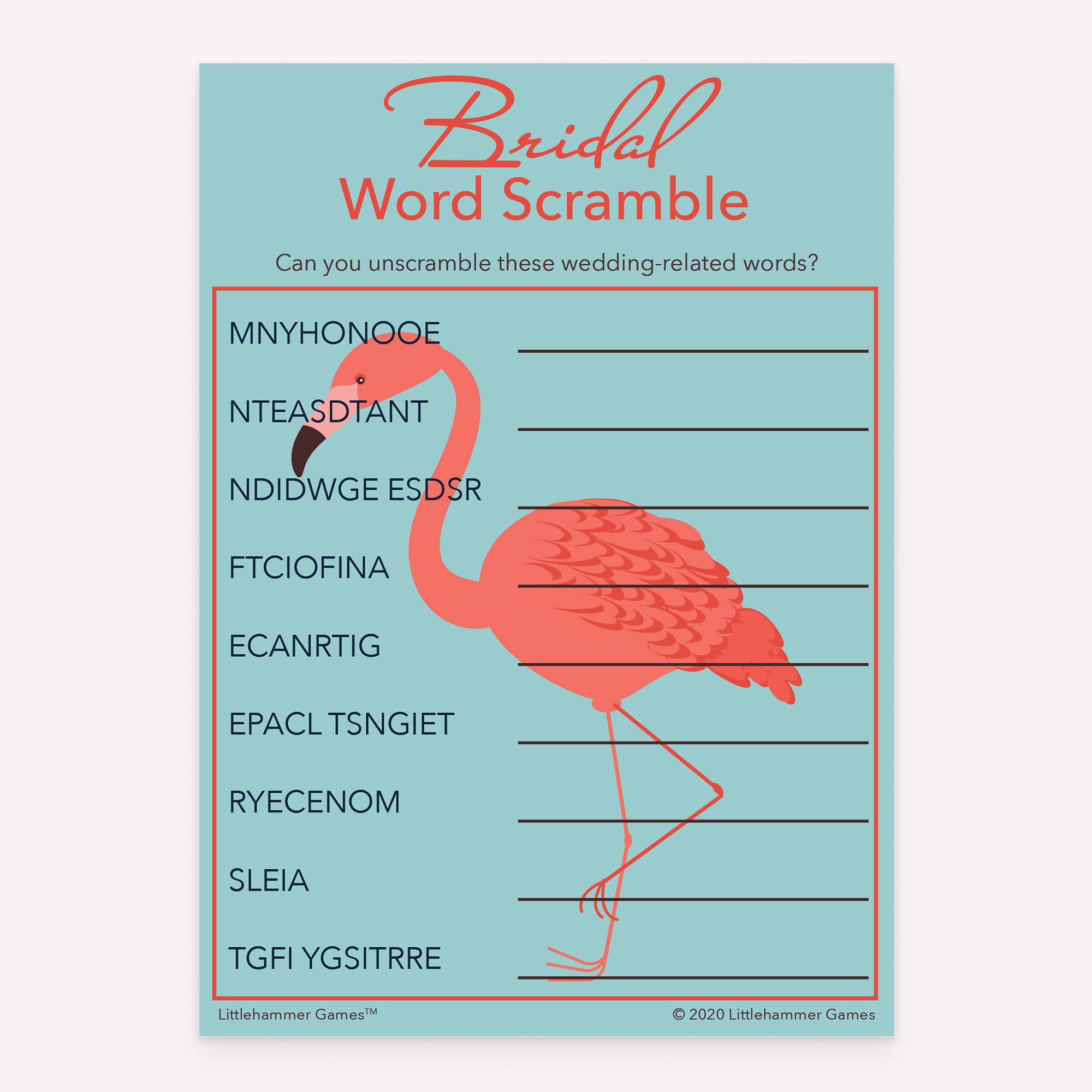 Bridal Word Scramble game card with a flamingo background
