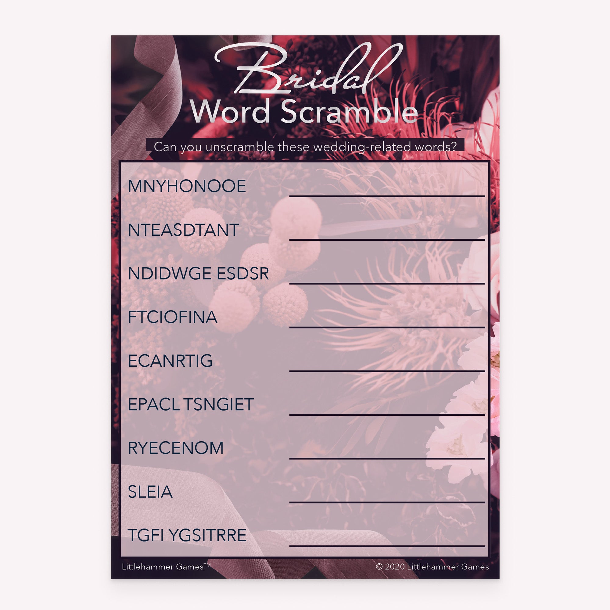 Bridal Word Scramble game card with a dark floral background