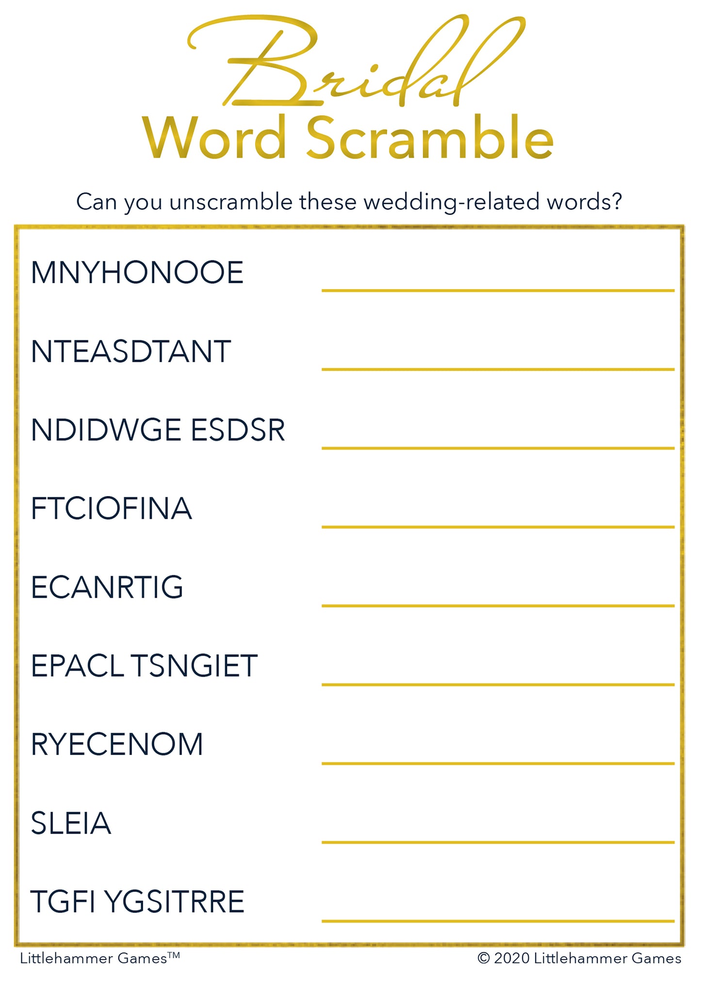 Bridal Word Scramble game card with a gold and white background