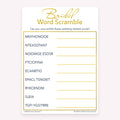 Gold and white printable bridal shower game card for Bridal Word Scramble