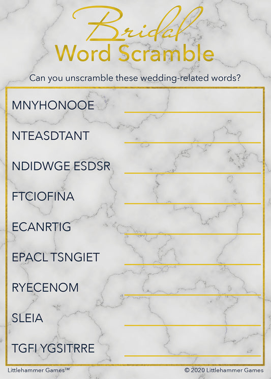 Bridal Word Scramble game card with a gold and marble background