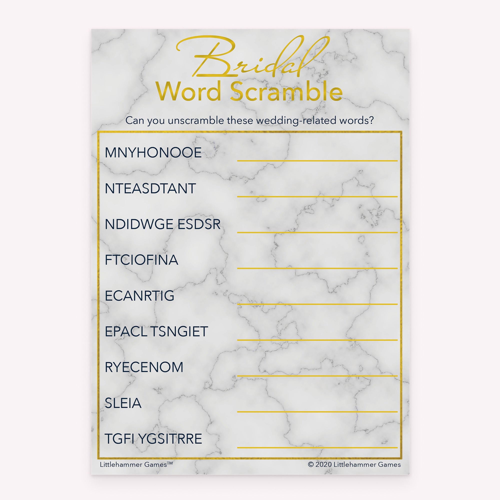 Bridal Word Scramble game card with a gold and marble background