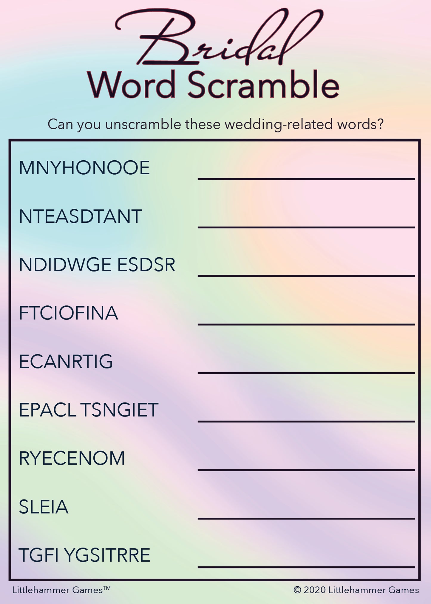 Bridal Word Scramble game card with a hologram-themed background