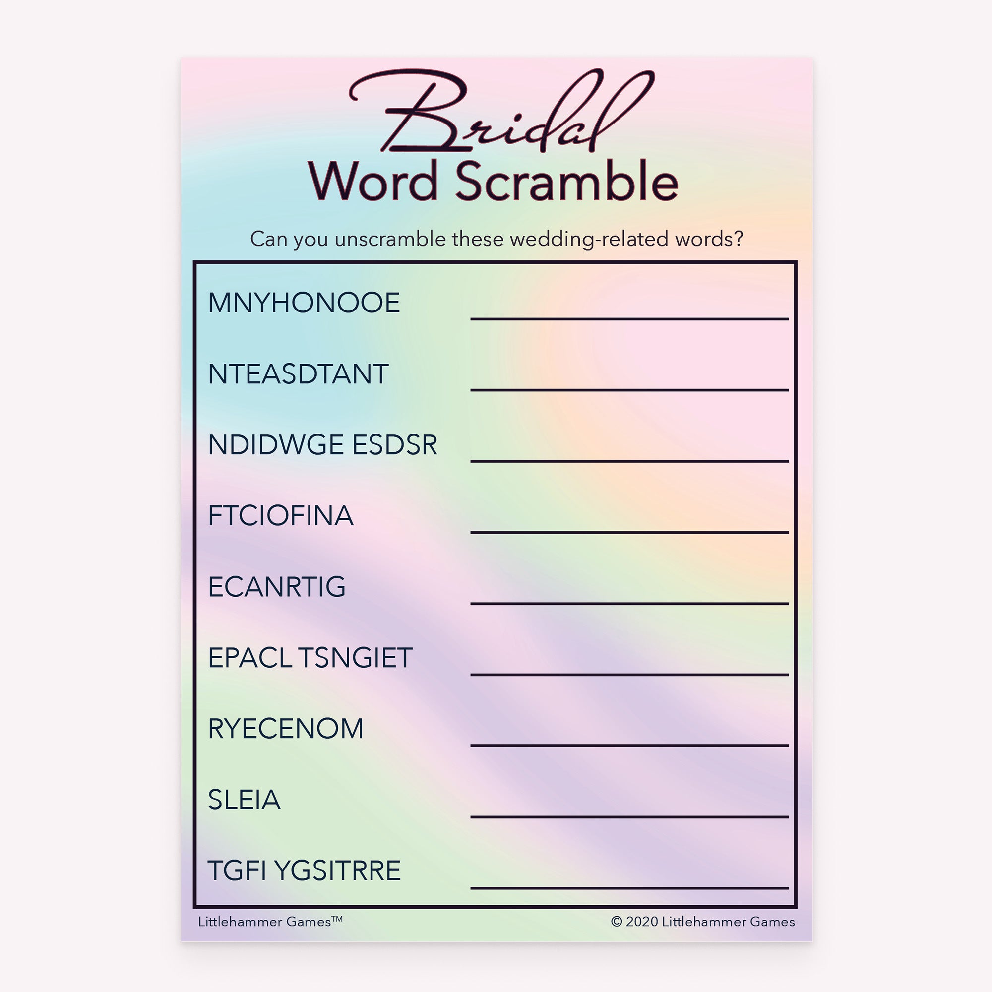 Bridal Word Scramble game card with a hologram-themed background