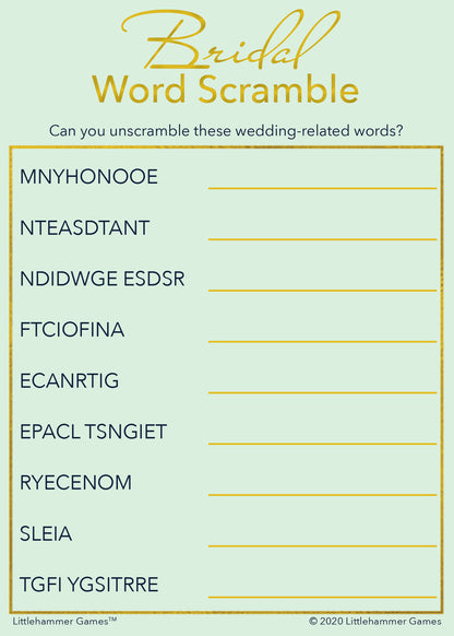Bridal Word Scramble game card with a mint and gold background