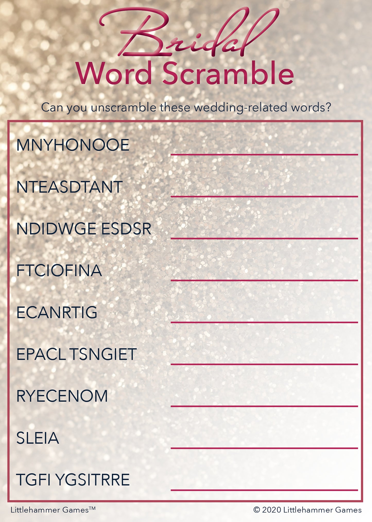 Bridal Word Scramble game card with a glittery rose gold background