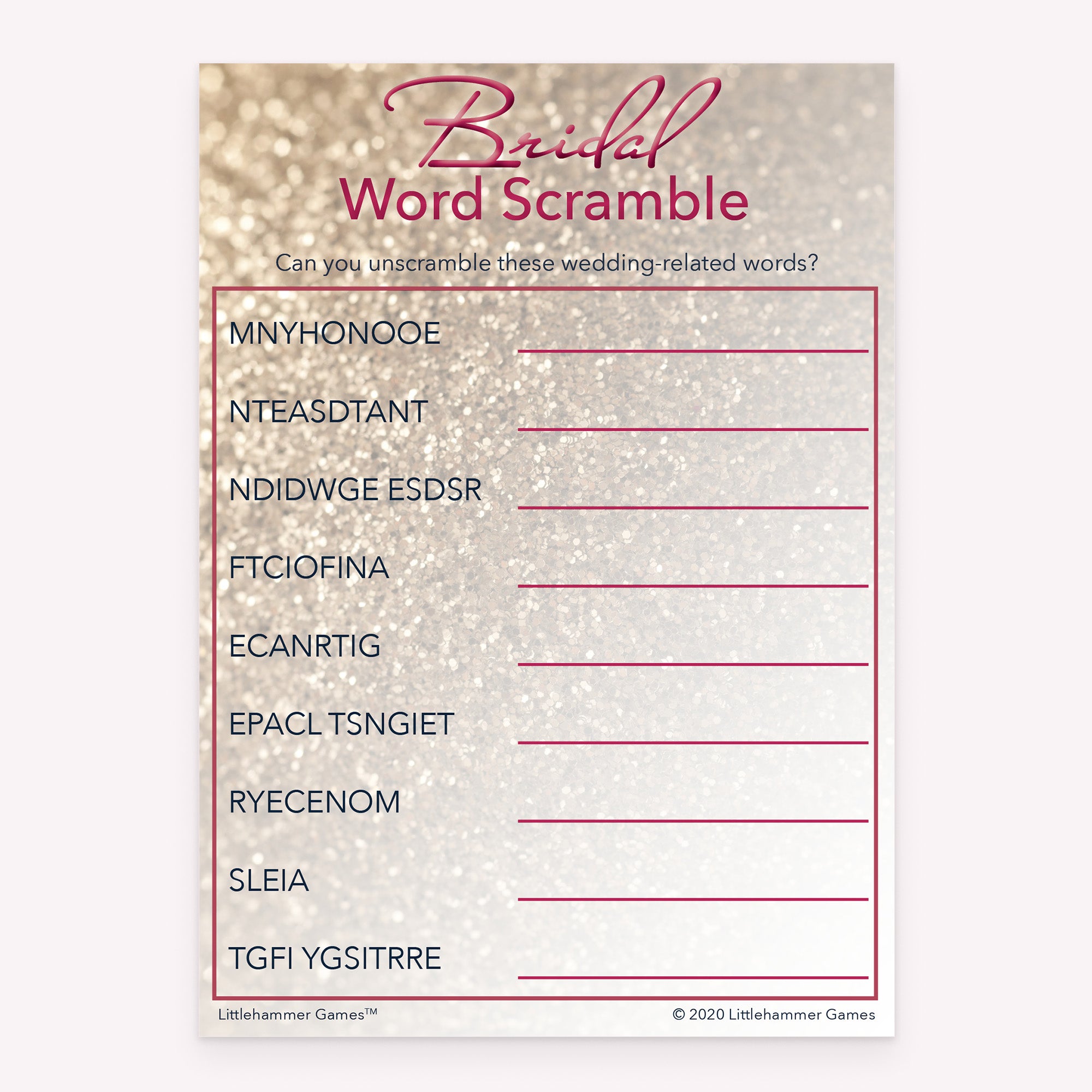 Bridal Word Scramble game card with a glittery rose gold background