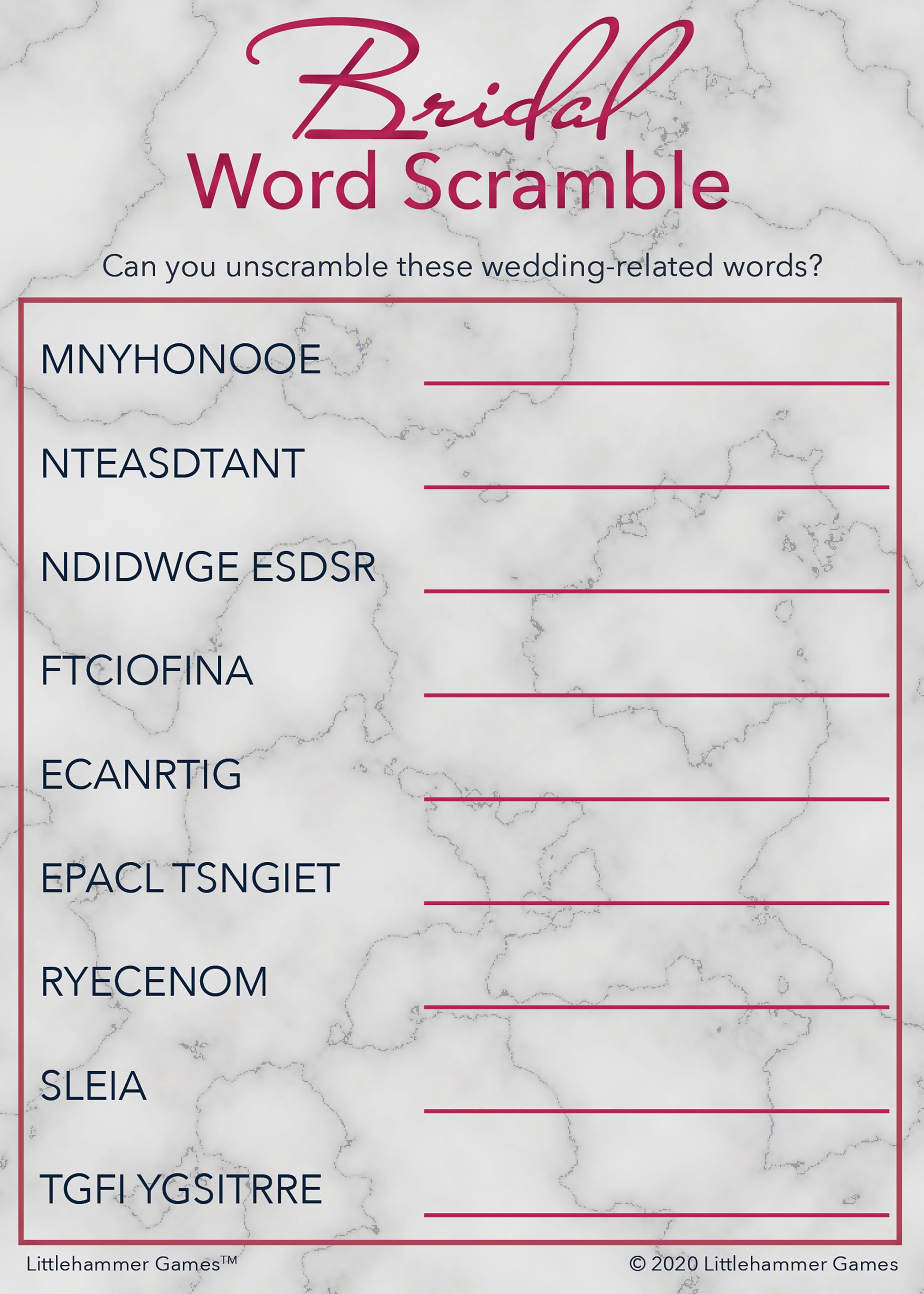 bridal-word-scramble-rose-gold-marble-printable-game-cards-littlehammer-games for Free Printable Bridal Shower Games Word Scramble With Answers Bridal Word Scramble - Rose Gold Marble Printable Game Cards – Littlehammer Games for Free Printable Bridal Shower Games Word Scramble With Answers