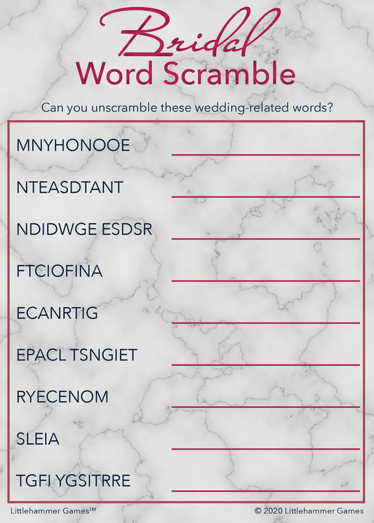 Bridal Word Scramble game card with a rose gold and marble background