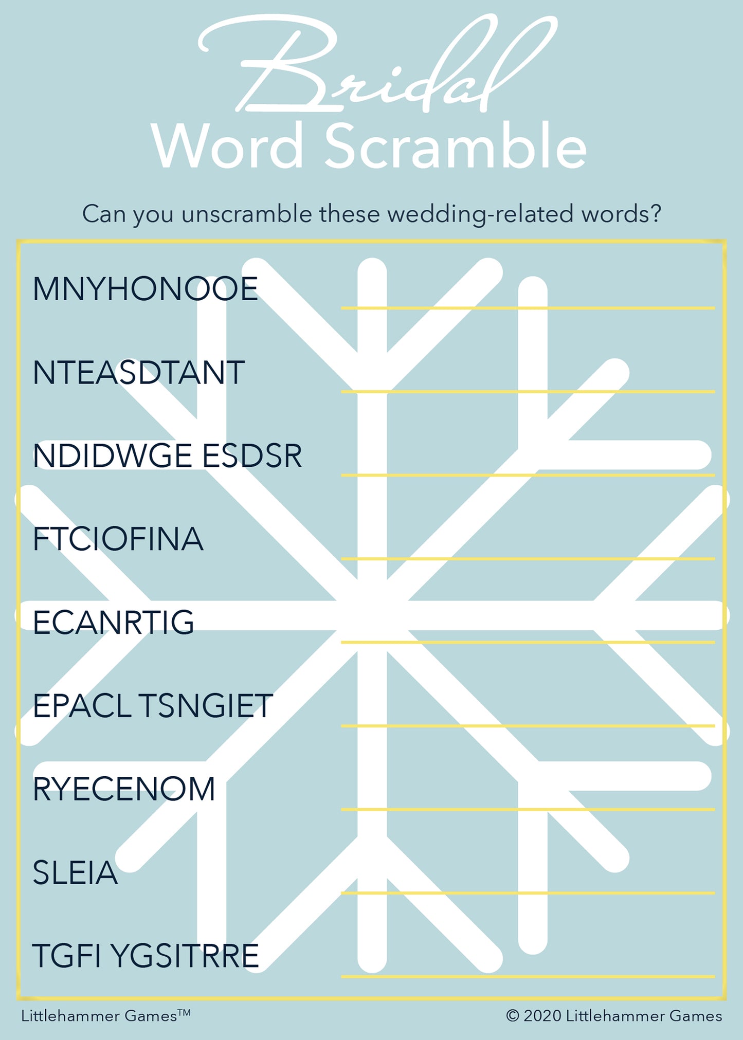 Bridal Word Scramble game card with a snowflake background