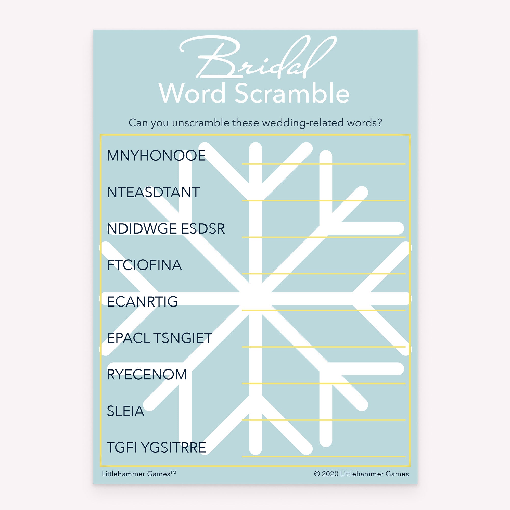 Bridal Word Scramble game card with a snowflake background
