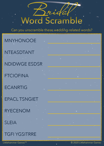 Bridal Word Scramble game card with a shooting star background