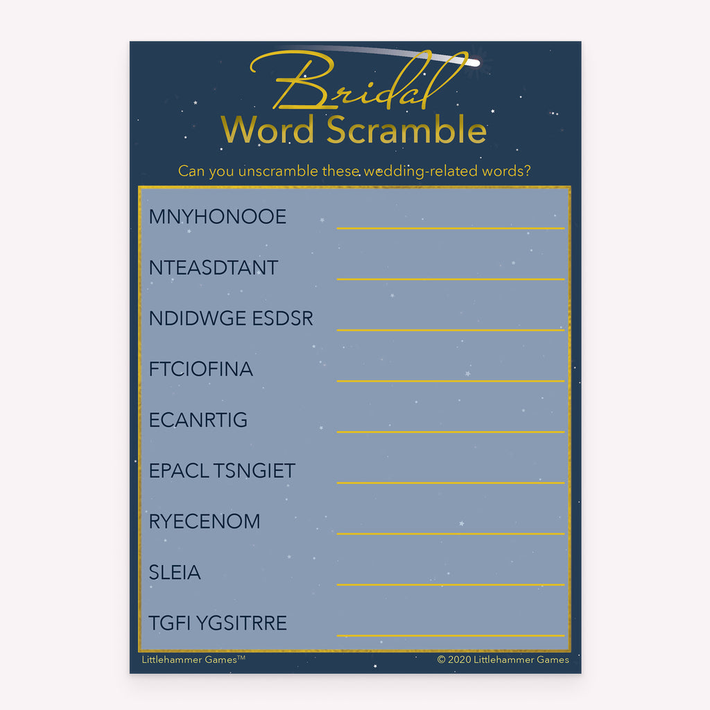 Bridal shower Bridal Word Scramble printable game card in blue and gold celestial color scheme