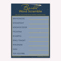 Bridal shower Bridal Word Scramble printable game card in blue and gold celestial color scheme