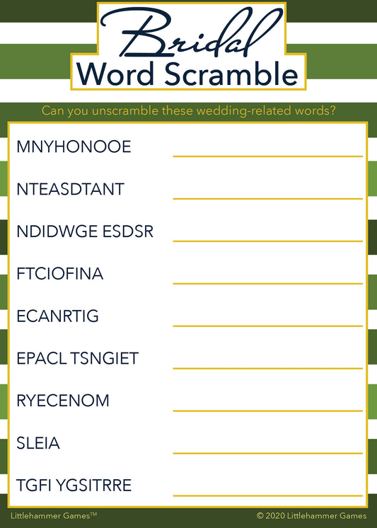 Bridal Word Scramble game card with a green-striped background