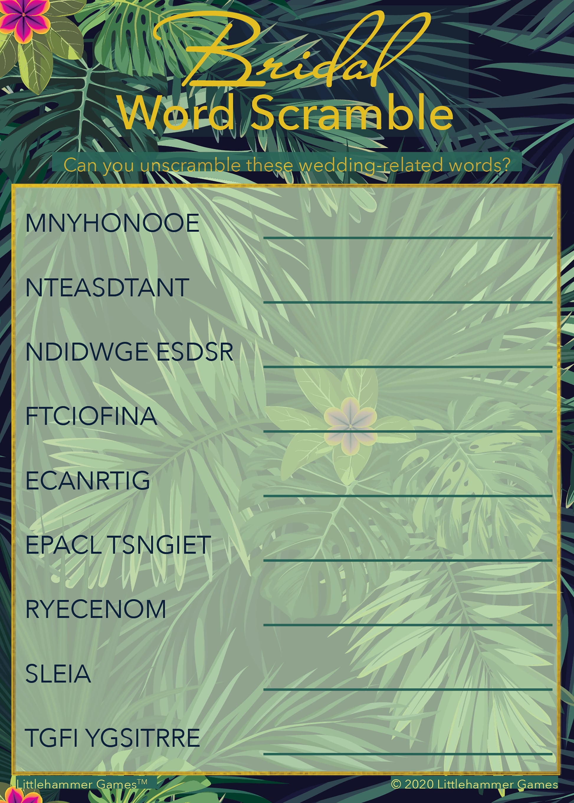 Bridal Word Scramble game card with a tropical background