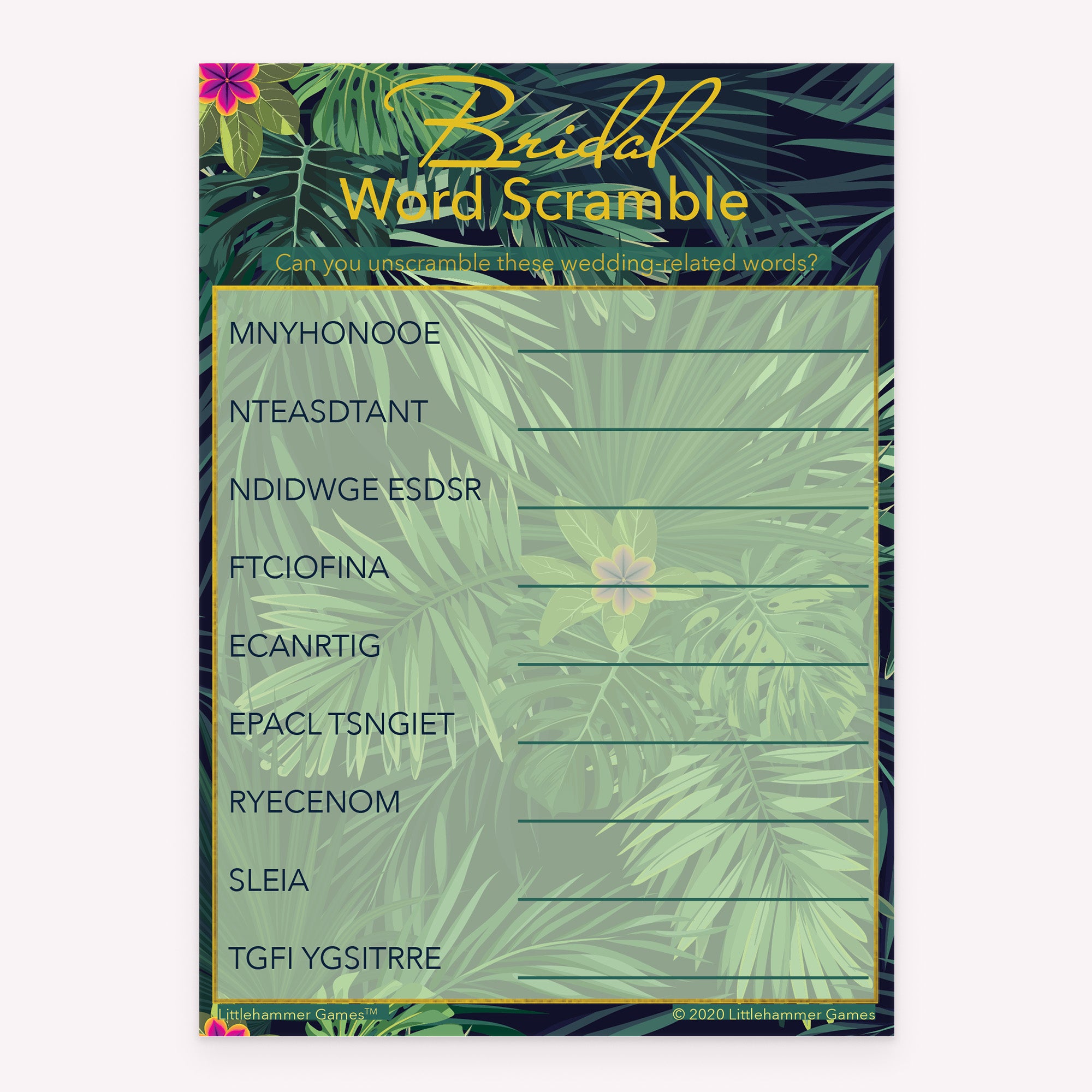 Bridal Word Scramble game card with a tropical background