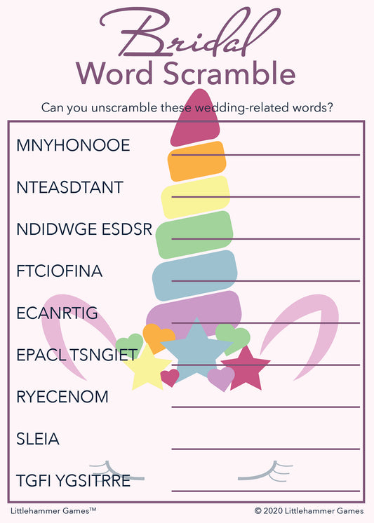 Bridal Word Scramble game card with a unicorn background