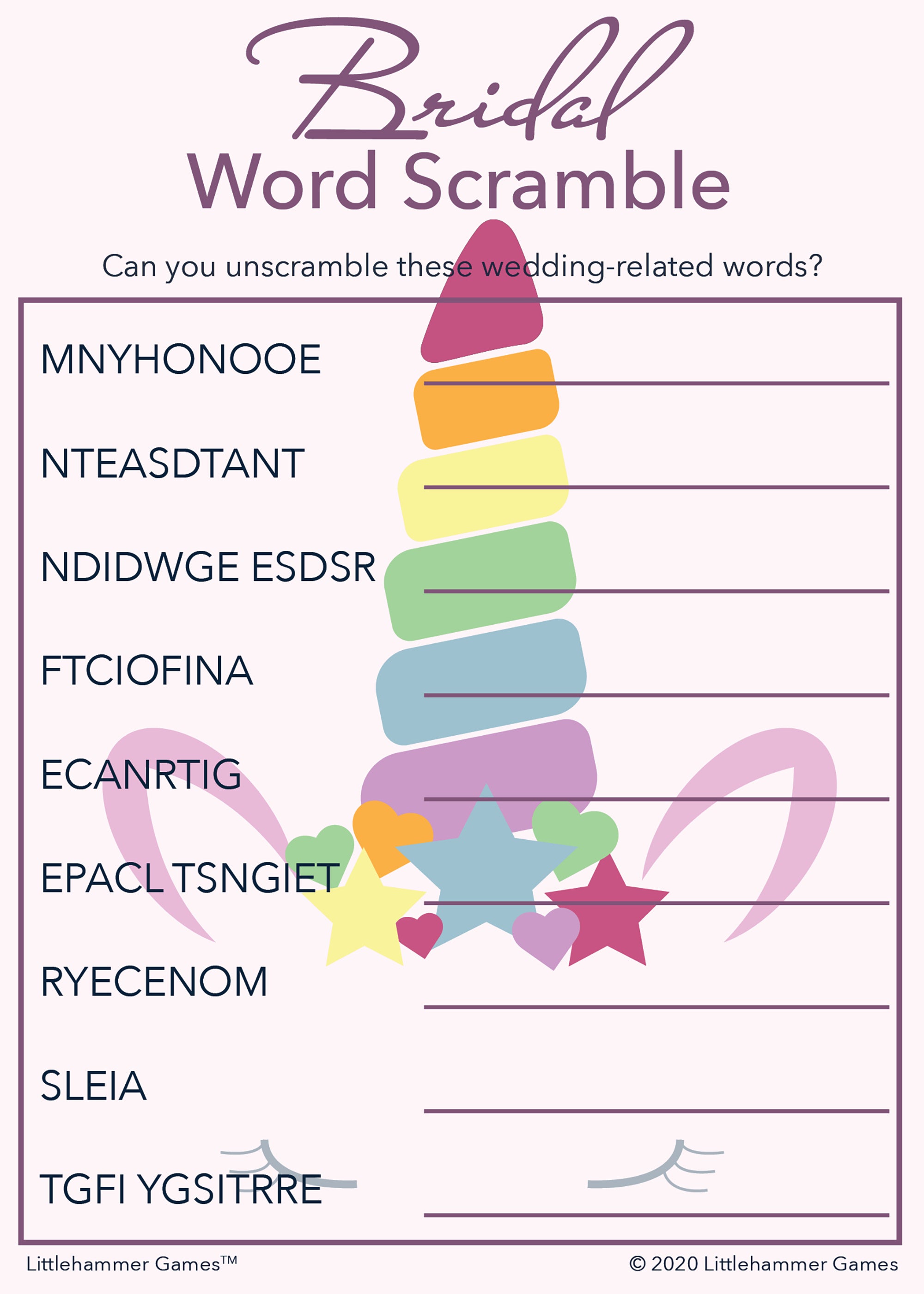 Bridal Word Scramble game card with a unicorn background