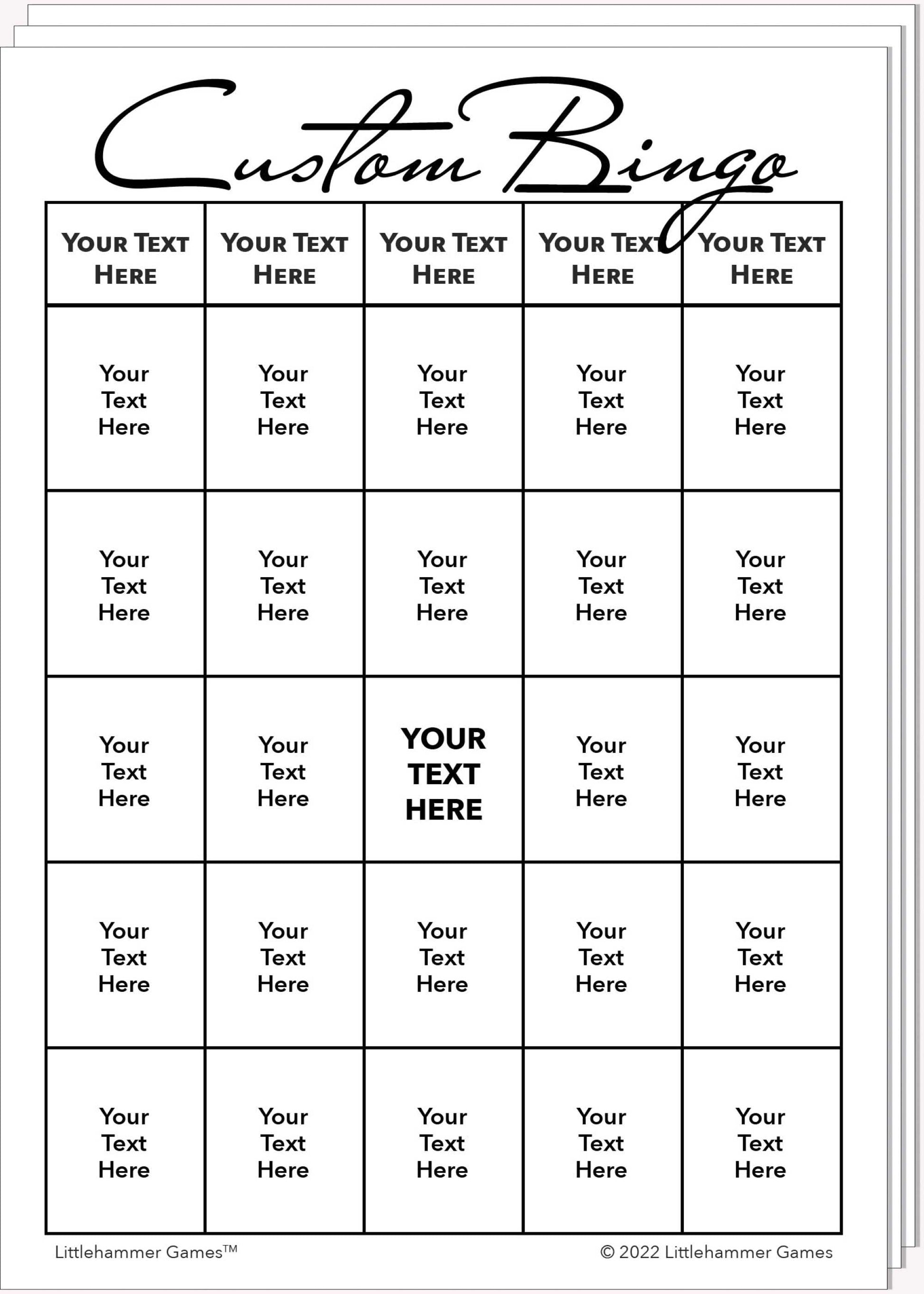 Stack of Custom Bingo game cards with black text on a white background