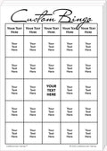 Stack of Custom Bingo game cards with black text on a white background