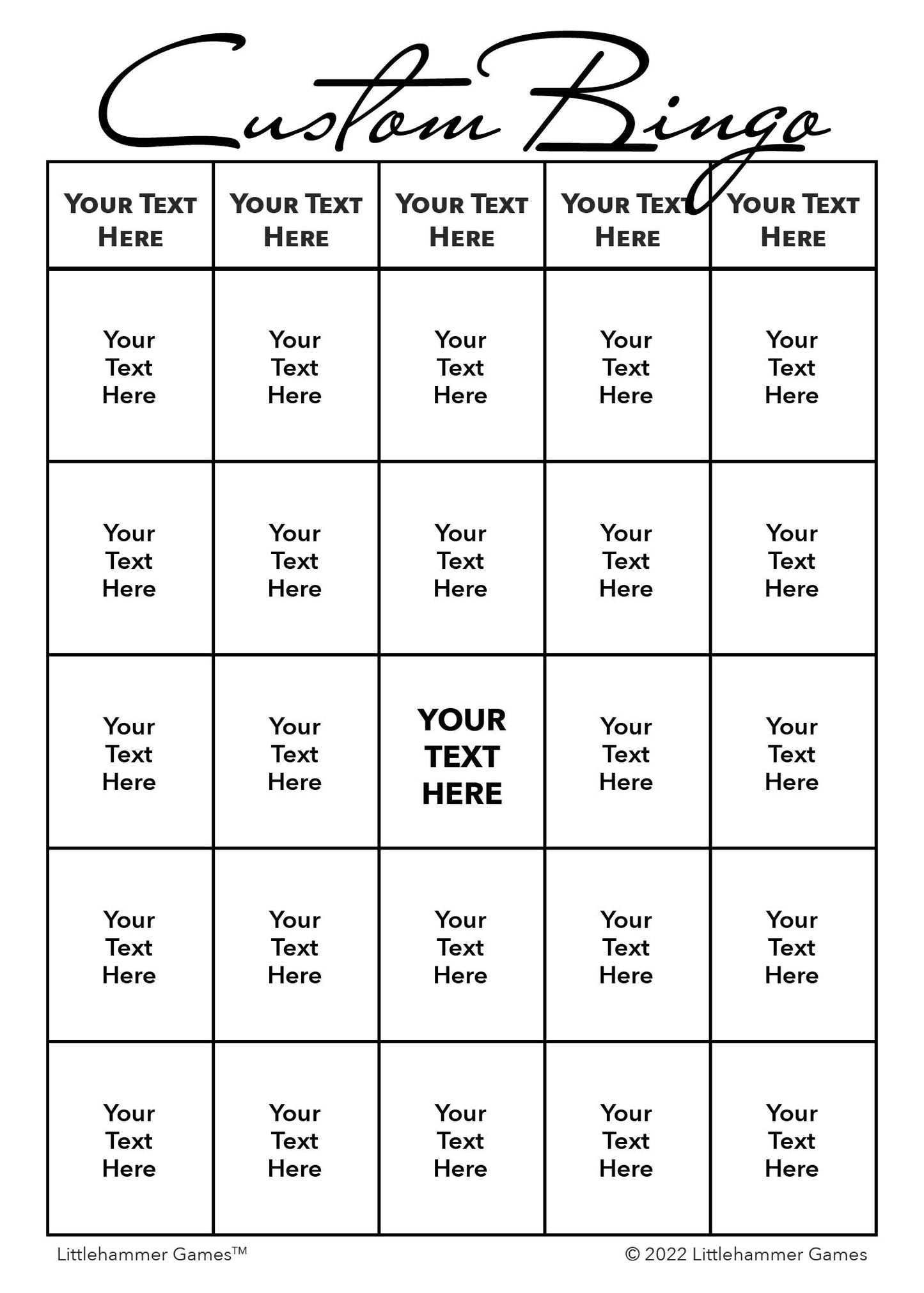 Custom Bingo game card with black text on a white background