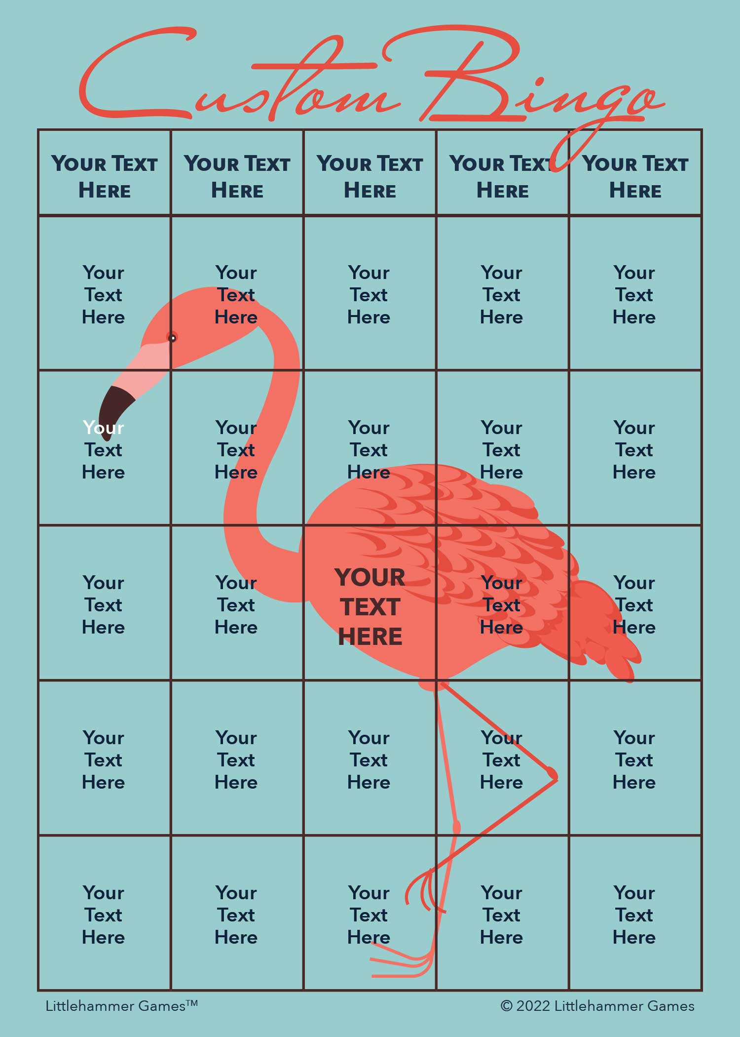 Custom Bingo game card on a flamingo background