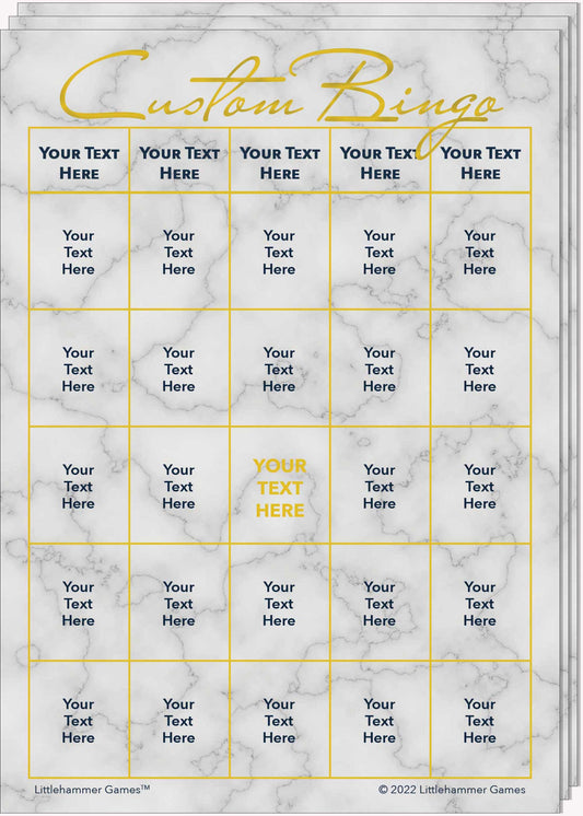 Stack of Custom Bingo game cards with gold text on a marble background