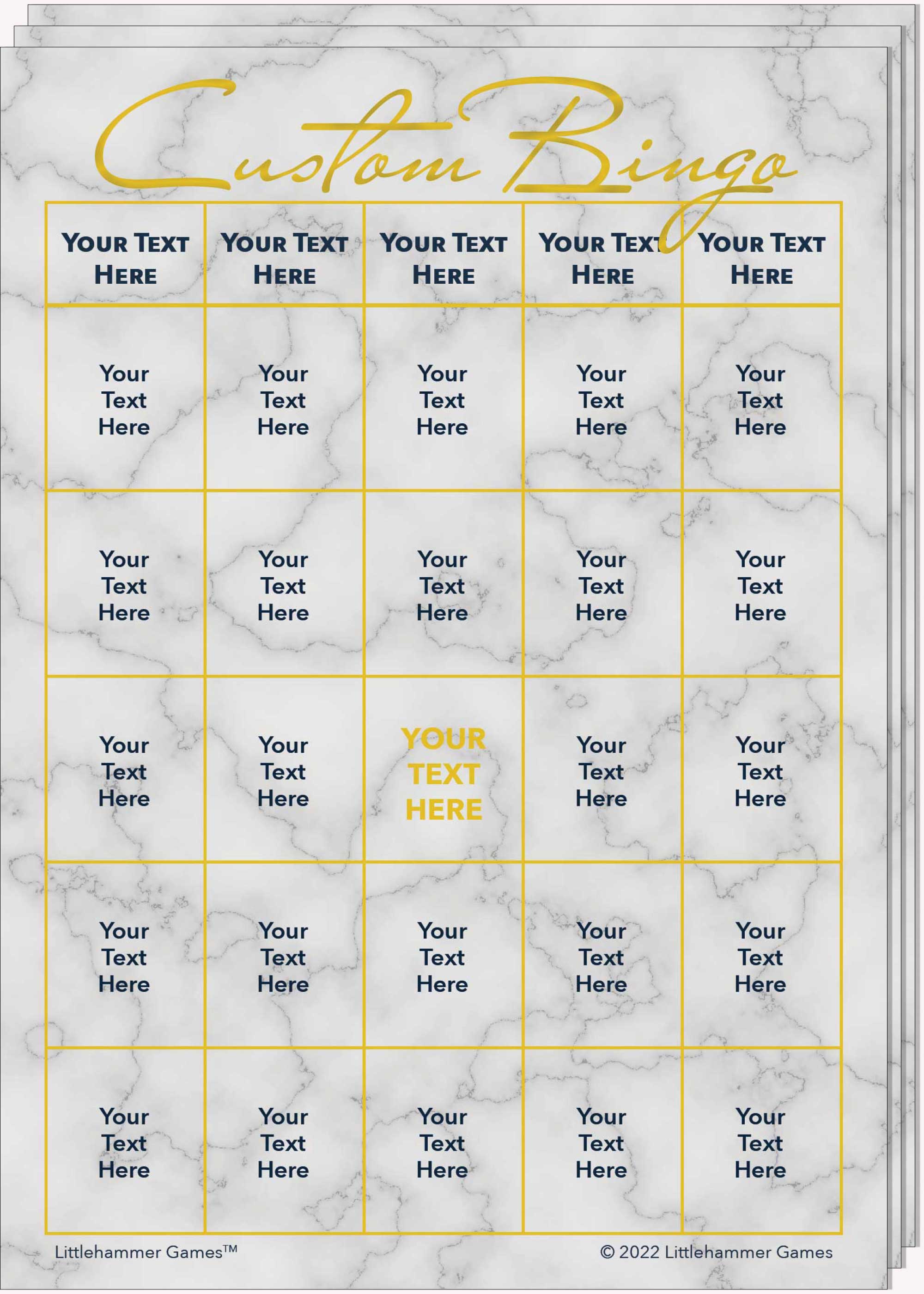Stack of Custom Bingo game cards with gold text on a marble background