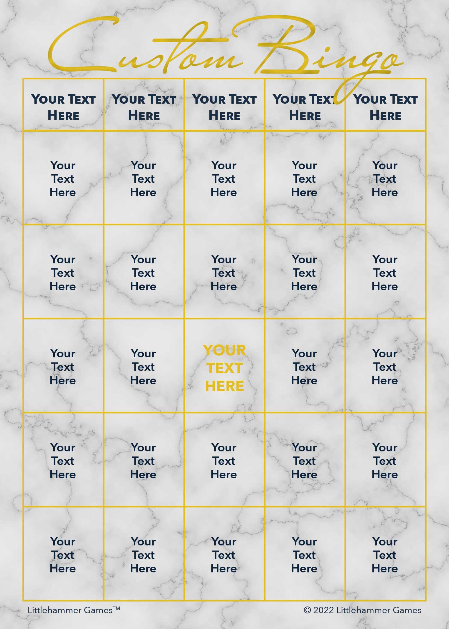 Custom Bingo Card - Gold Marble Printable Game Cards – Littlehammer Games