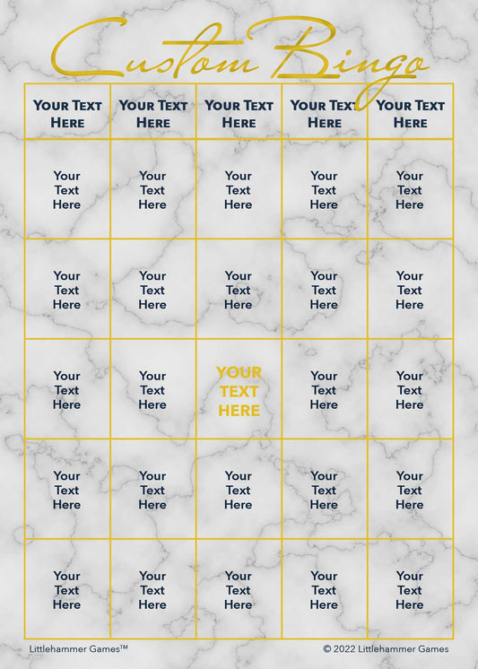 Custom Bingo game card with gold text on a marble background