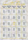 Custom Bingo game card with gold text on a marble background