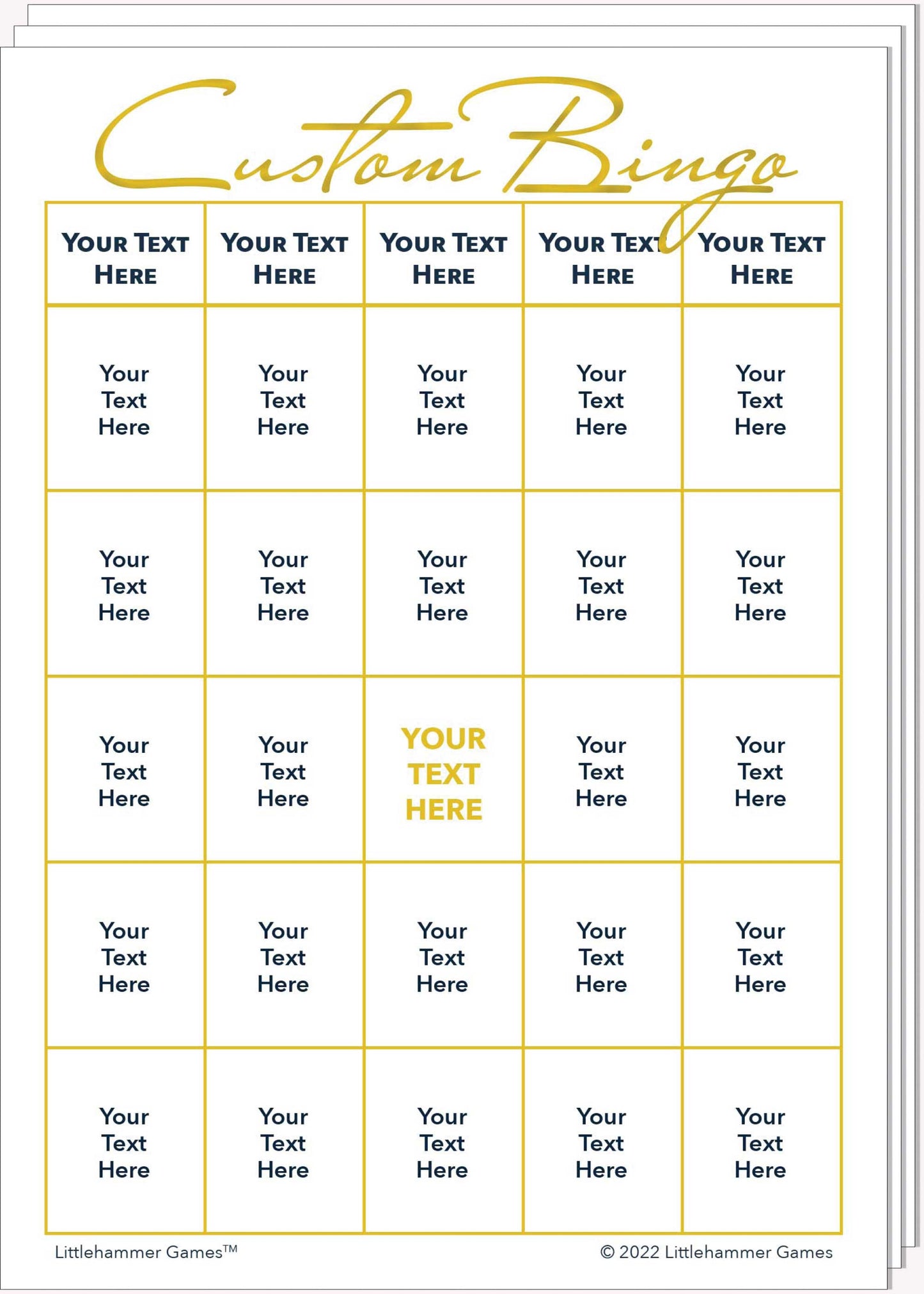 Stack of Custom Bingo game cards with gold text on a white background