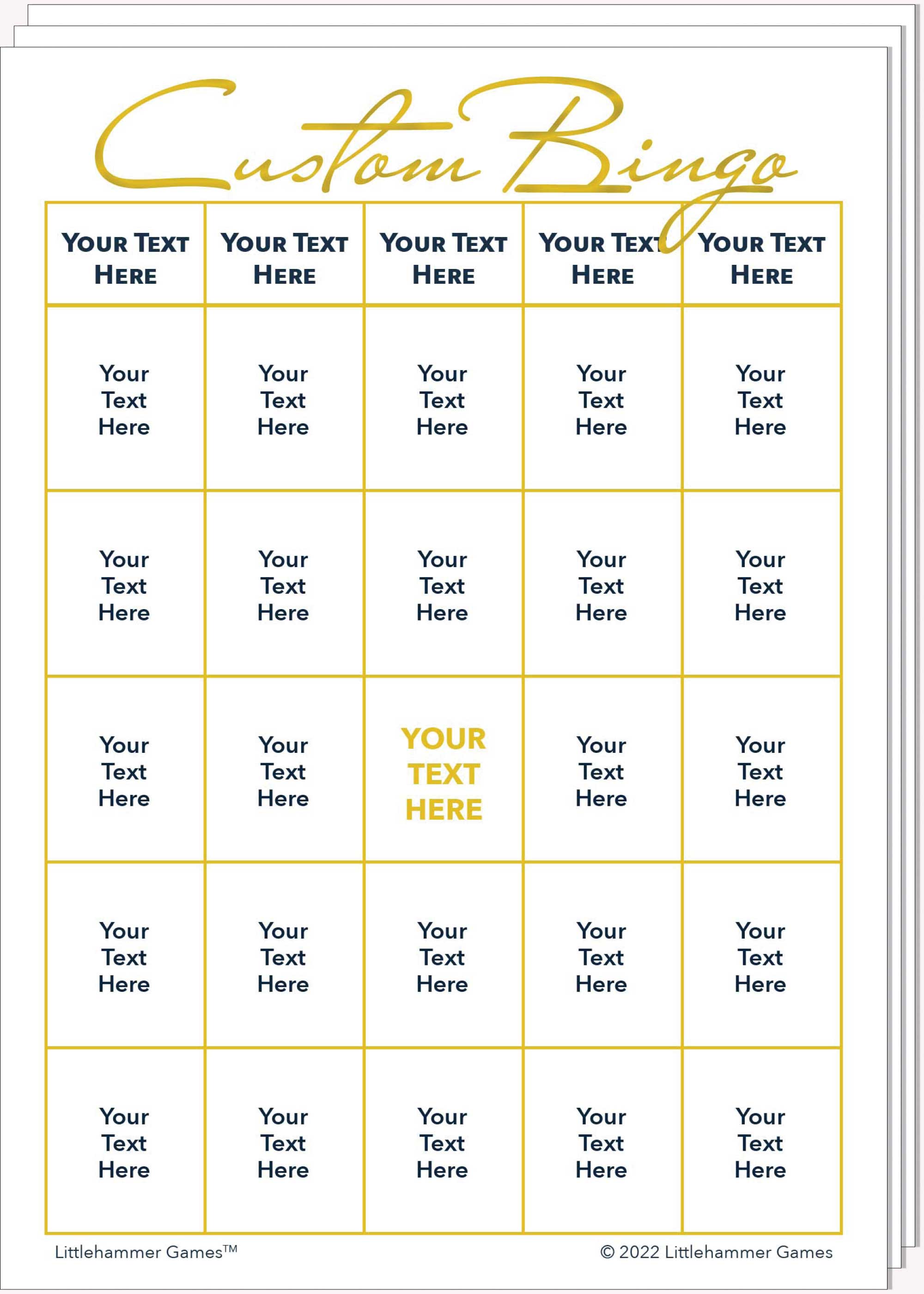 Stack of Custom Bingo game cards with gold text on a white background