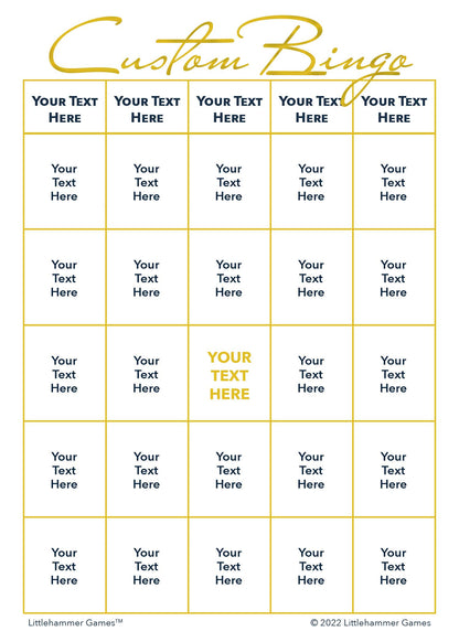 Custom Bingo game card with gold text on a white background