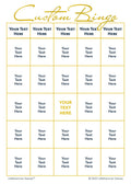 Custom Bingo game card with gold text on a white background