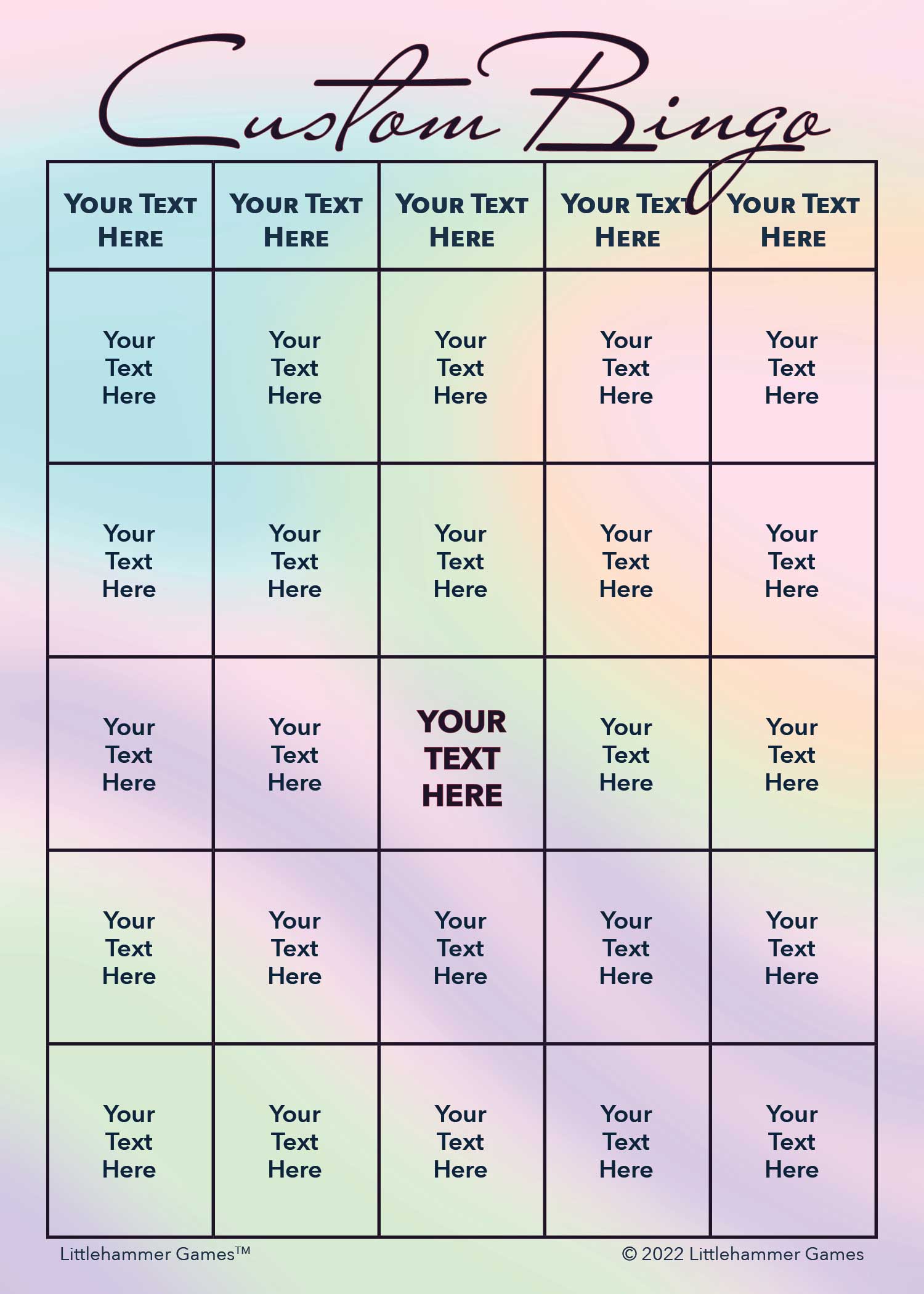 Custom Bingo game card with an iridescent holographic background