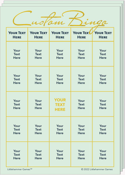 Stack of Custom Bingo game cards with gold text on a mint background